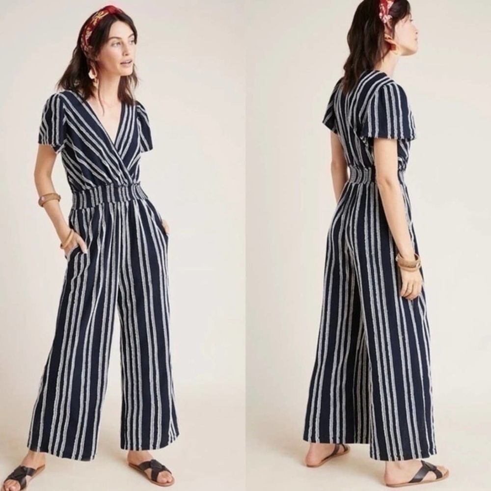 Anthropologie Navy and White Striped Jumpsuit